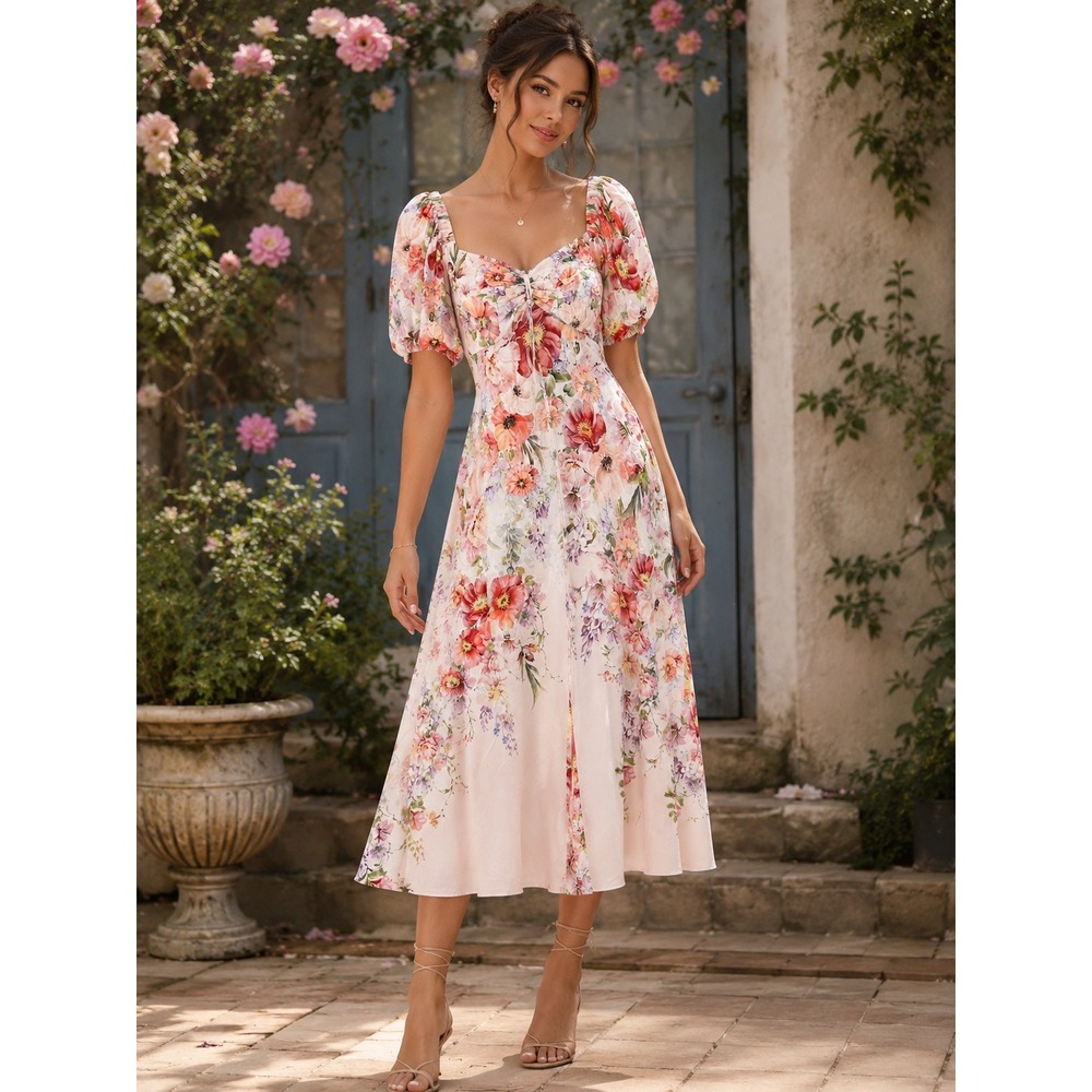 Alex Marie Floral Puff Sleeve Smocked Midi Dress Large Pink Coquette Romantic - Picture 1 of 16